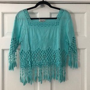 Miss Kelly Mint Crochet Fringe Boho Crop Top S
